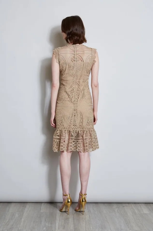 Outlet 8211 Women Sleeveless Dresses Elie Tahari Mosaic Lace Dress Sandcastle