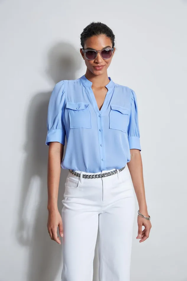Outlet 8211 Women Tops Elie Tahari Short Sleeve Silk Utility Shirt Horizon Blue