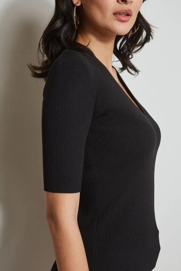 Outlet 8211 Women Tops Elie Tahari Short Sleeve VNeck Rib Sweater Noir