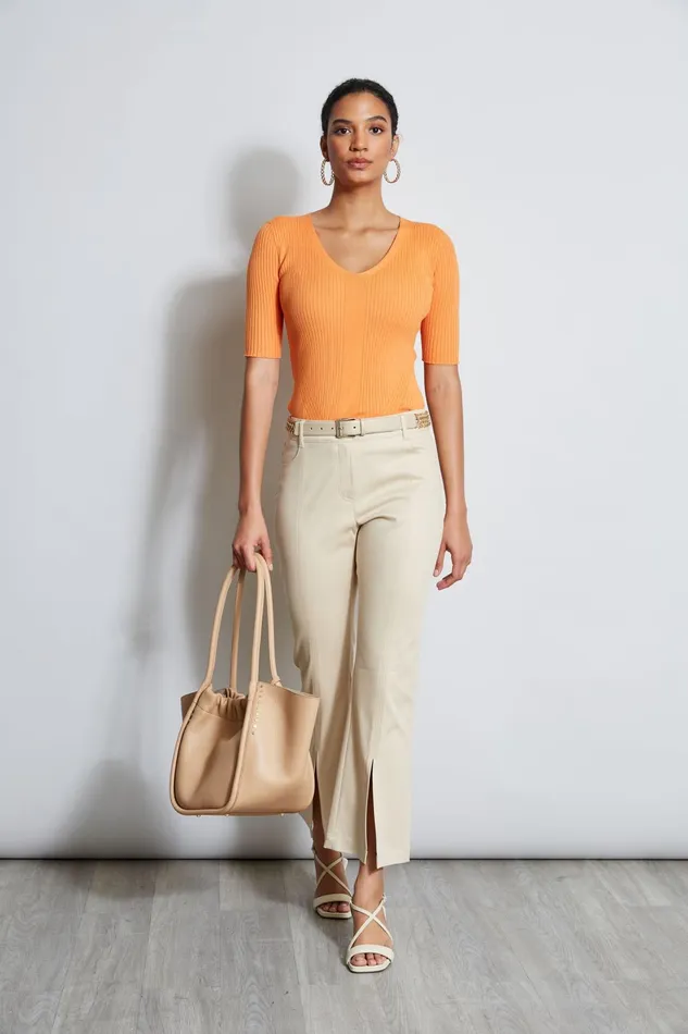 Outlet 8211 Women Tops Elie Tahari Short Sleeve VNeck Rib Sweater Sunrise