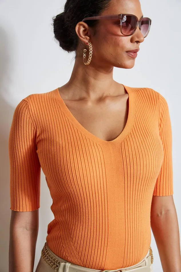 Outlet 8211 Women Tops Elie Tahari Short Sleeve VNeck Rib Sweater Sunrise