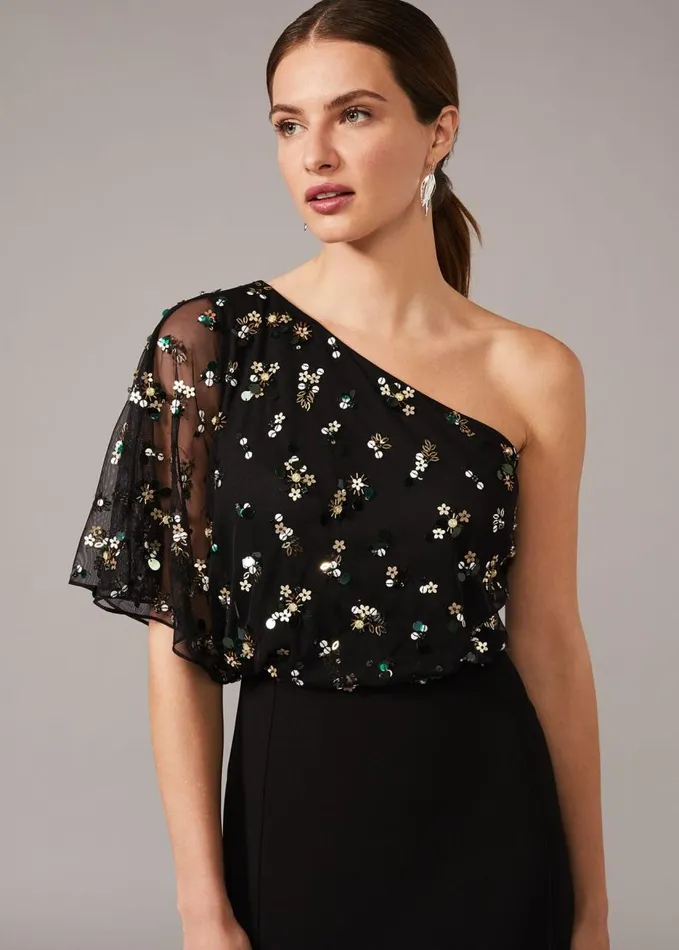 Phase Eight Adele Sequinned One Shoulder Dress Black Women Dresses