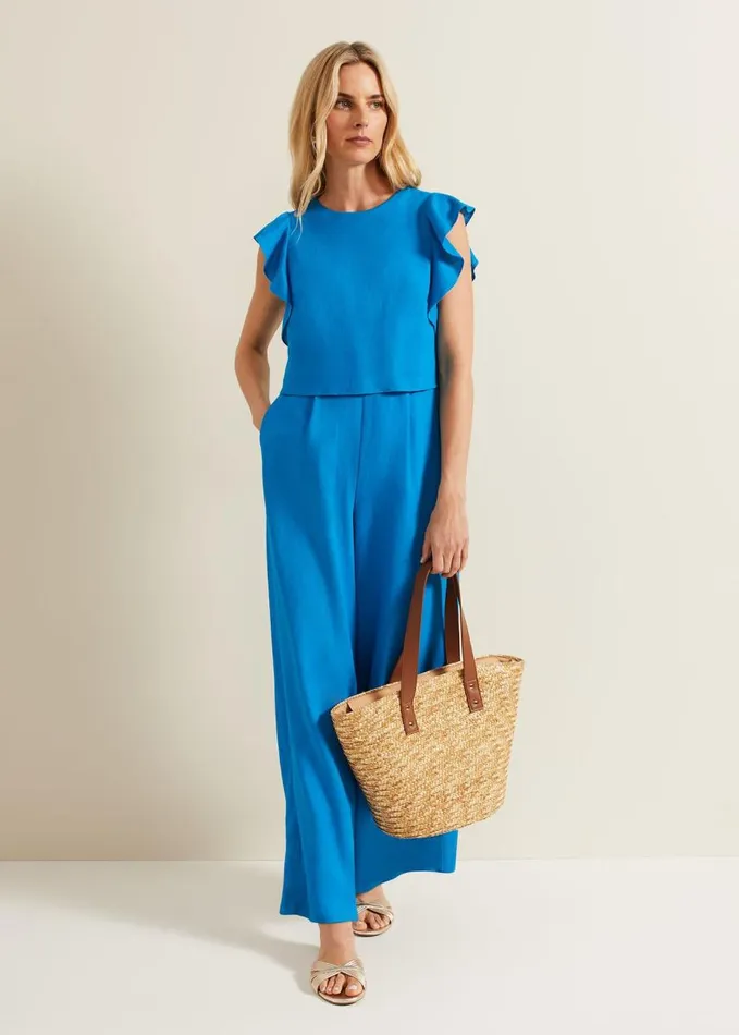 Phase Eight Aubrey Blue Linen Frill Jumpsuit Blue Women Dresses