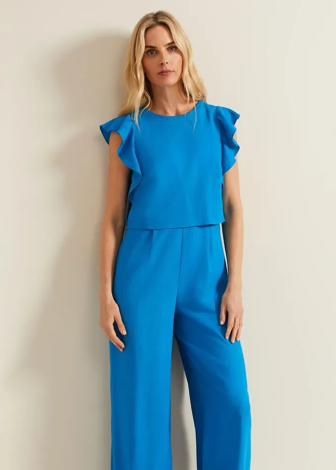 Phase Eight Aubrey Blue Linen Frill Jumpsuit Blue Women Dresses