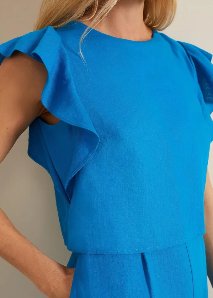 Phase Eight Aubrey Blue Linen Frill Jumpsuit Blue Women Dresses