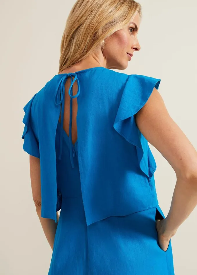 Phase Eight Aubrey Blue Linen Frill Jumpsuit Blue Women Dresses