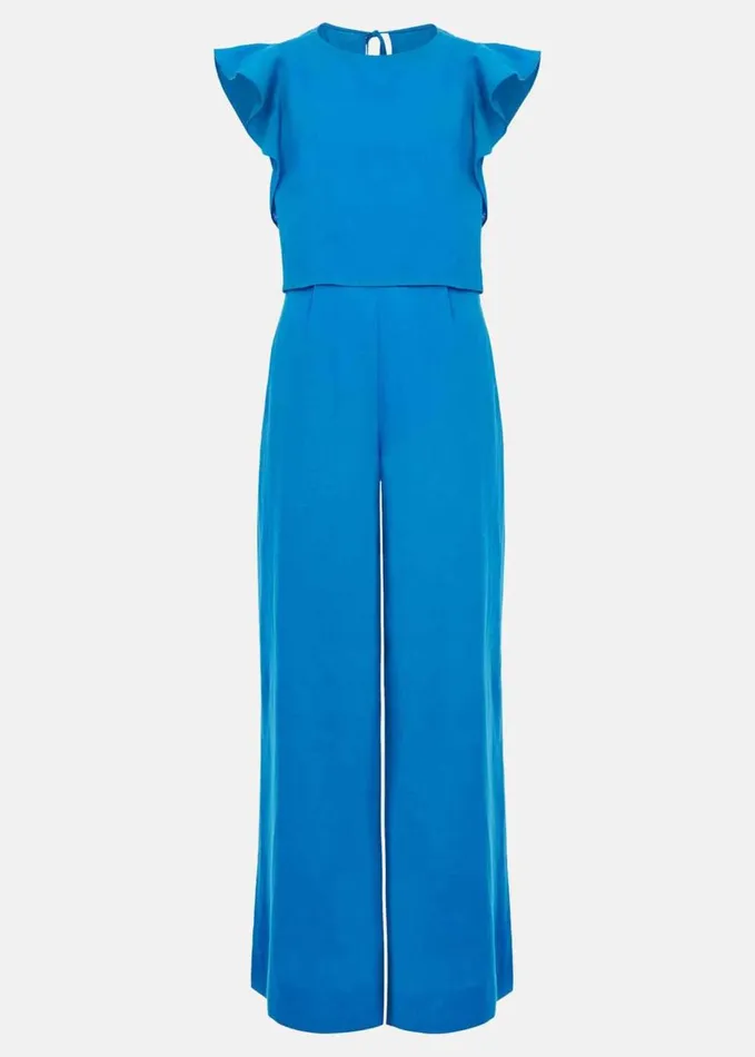 Phase Eight Aubrey Blue Linen Frill Jumpsuit Blue Women Dresses