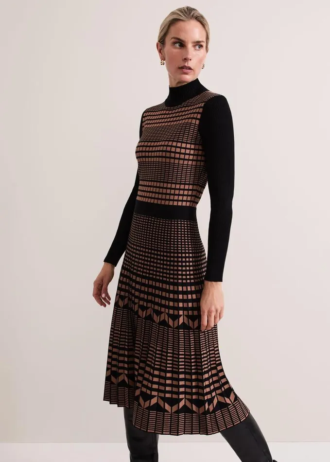 Phase Eight Bethan Geo Jaquard Midi Dress Tan Women Dresses