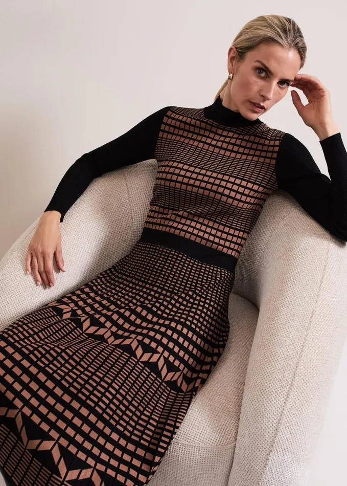 Phase Eight Bethan Geo Jaquard Midi Dress Tan Women Dresses