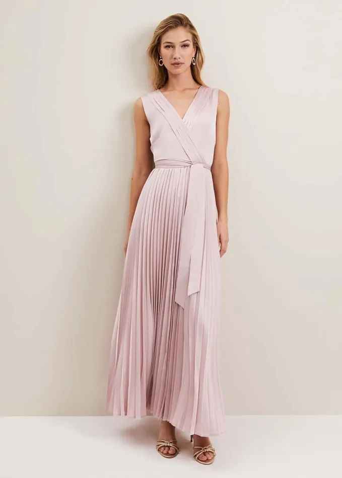 Phase Eight Bonnie Pleated Wrap Satin Maxi Dress Pink Women Dresses