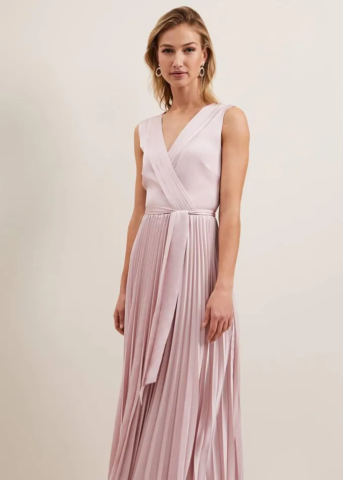 Phase Eight Bonnie Pleated Wrap Satin Maxi Dress Pink Women Dresses