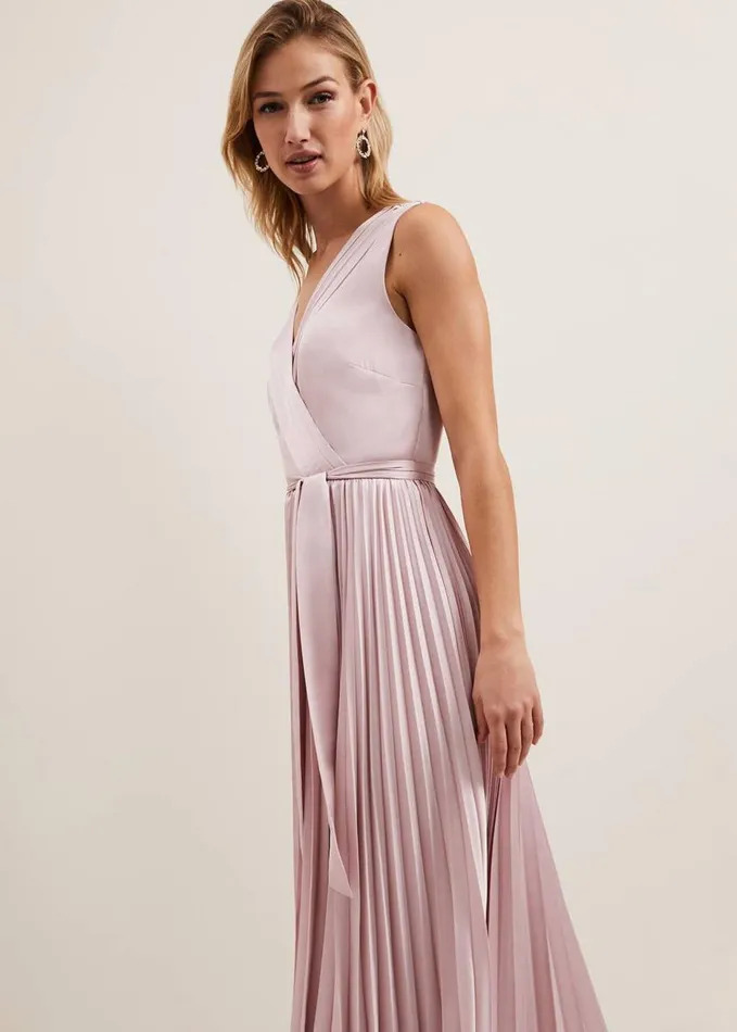Phase Eight Bonnie Pleated Wrap Satin Maxi Dress Pink Women Dresses
