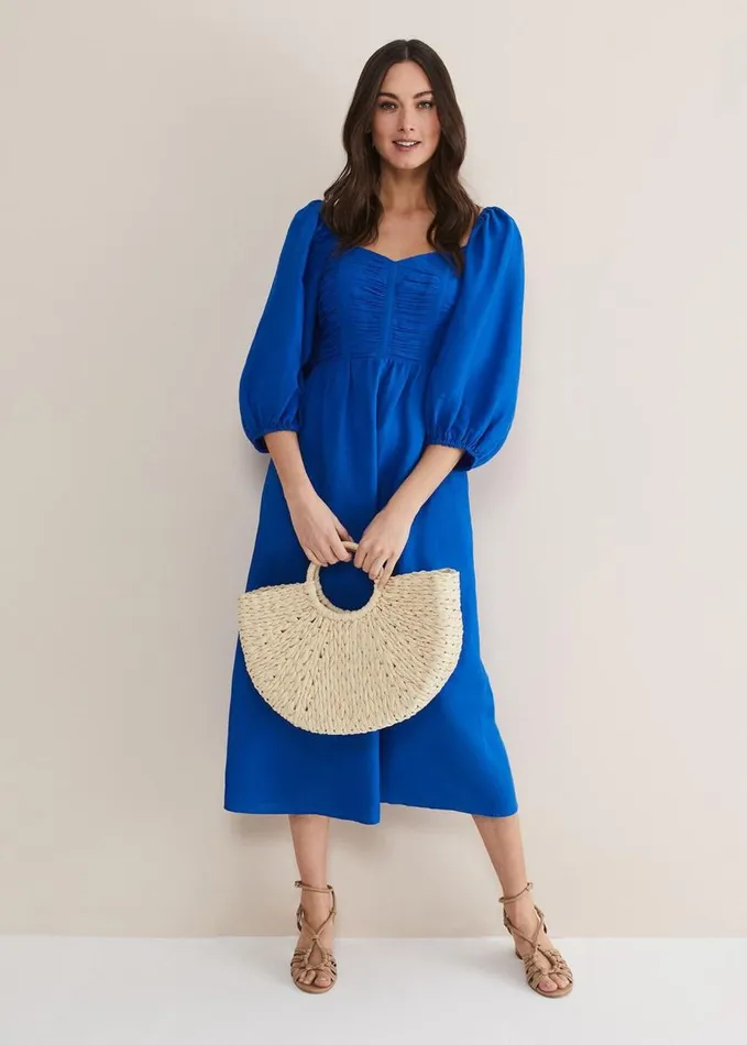 Phase Eight Celila Linen Midi Dress Blue Women Dresses