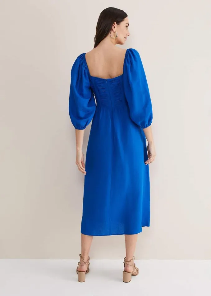 Phase Eight Celila Linen Midi Dress Blue Women Dresses