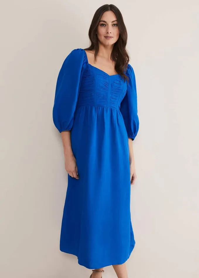 Phase Eight Celila Linen Midi Dress Blue Women Dresses