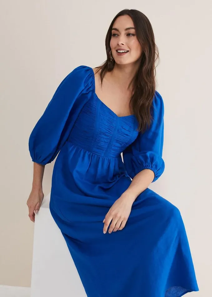 Phase Eight Celila Linen Midi Dress Blue Women Dresses