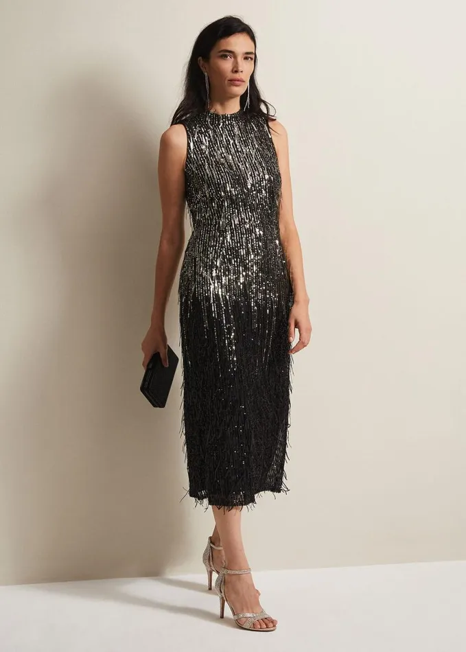 Phase Eight Clover Sequin Fringe Maxi Dress Black Women Dresses