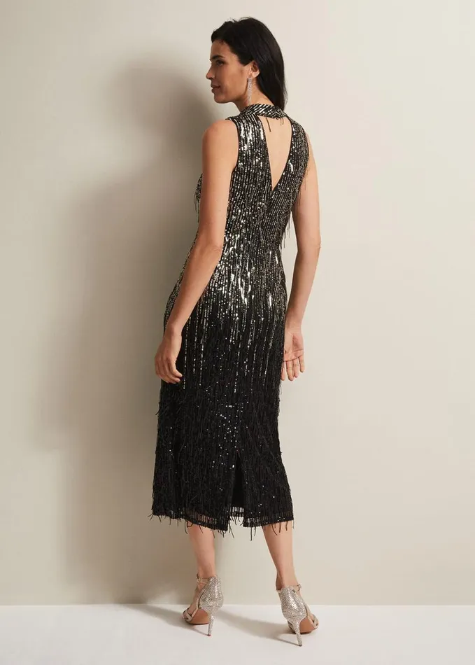 Phase Eight Clover Sequin Fringe Maxi Dress Black Women Dresses