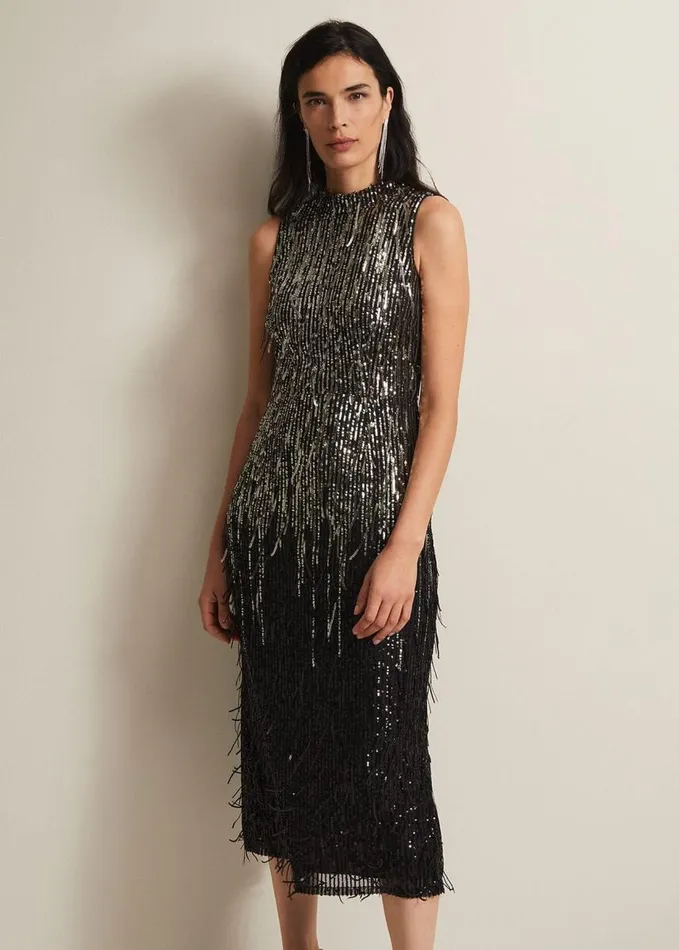 Phase Eight Clover Sequin Fringe Maxi Dress Black Women Dresses