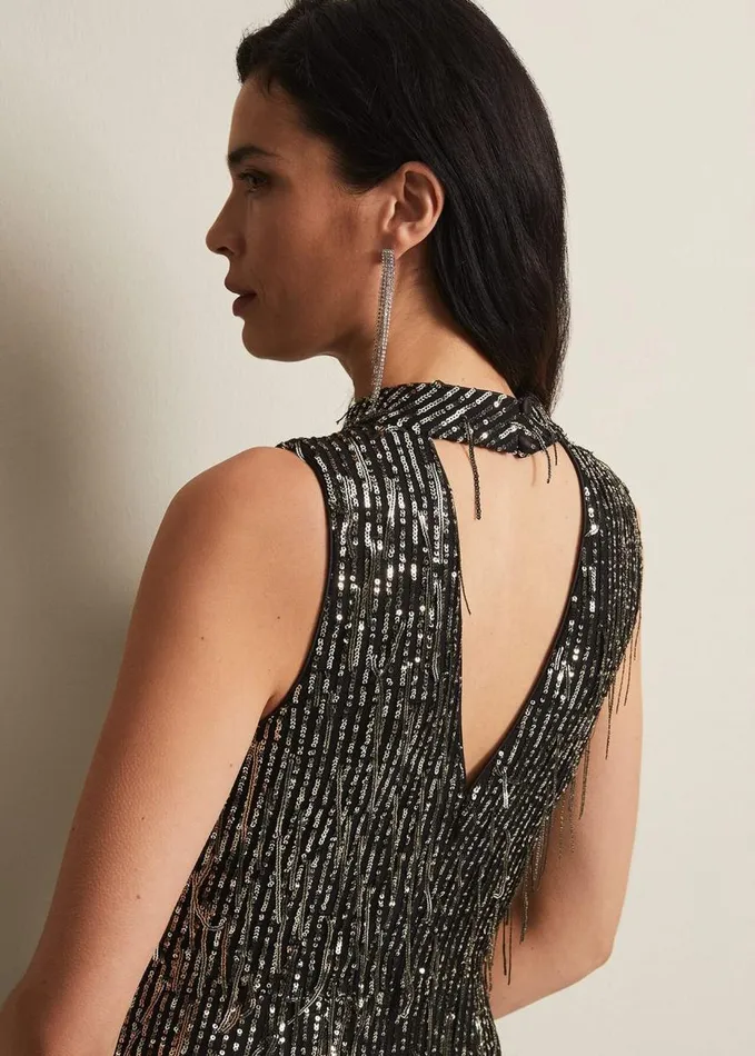Phase Eight Clover Sequin Fringe Maxi Dress Black Women Dresses