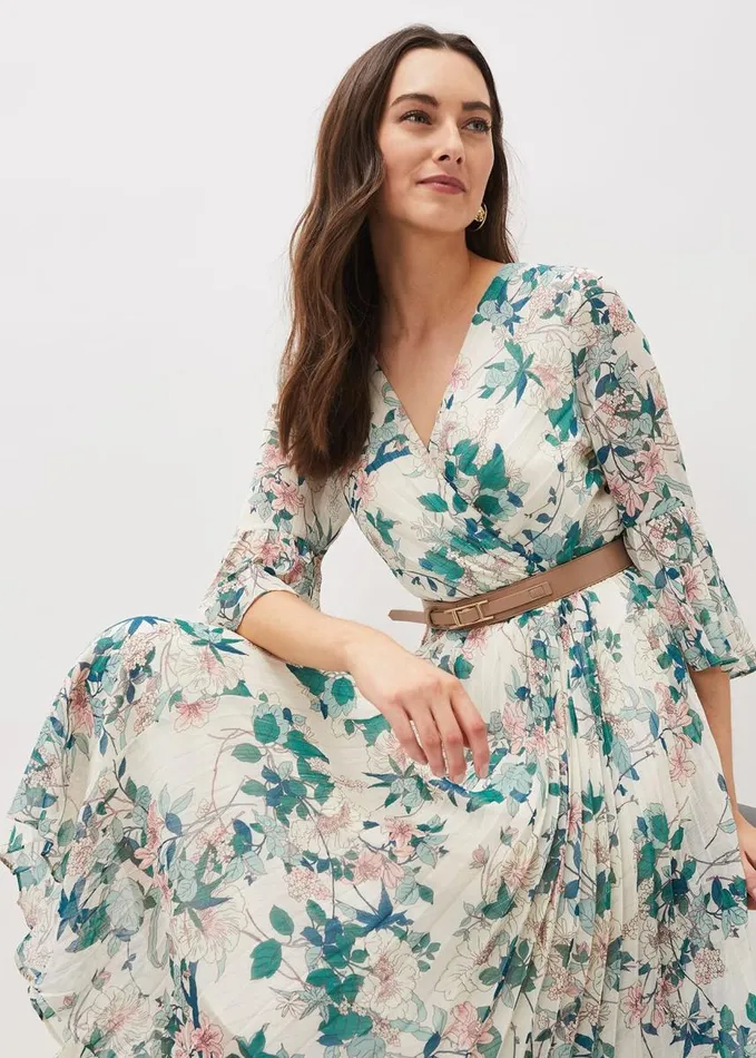 Phase Eight Dani Floral Pleated Midi Dress Buttermilk Women Dresses