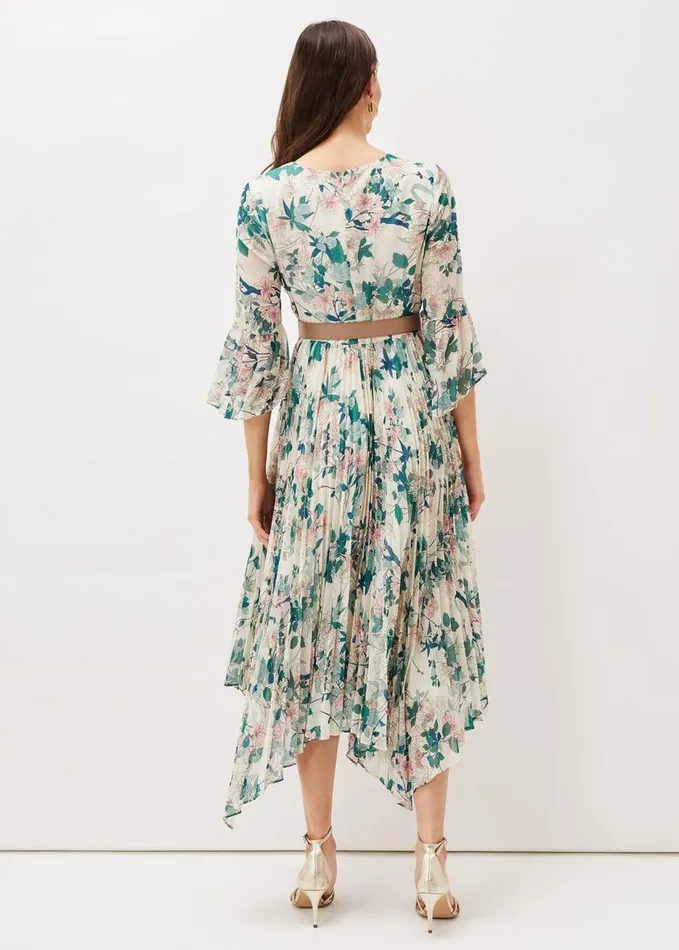 Phase Eight Dani Floral Pleated Midi Dress Buttermilk Women Dresses