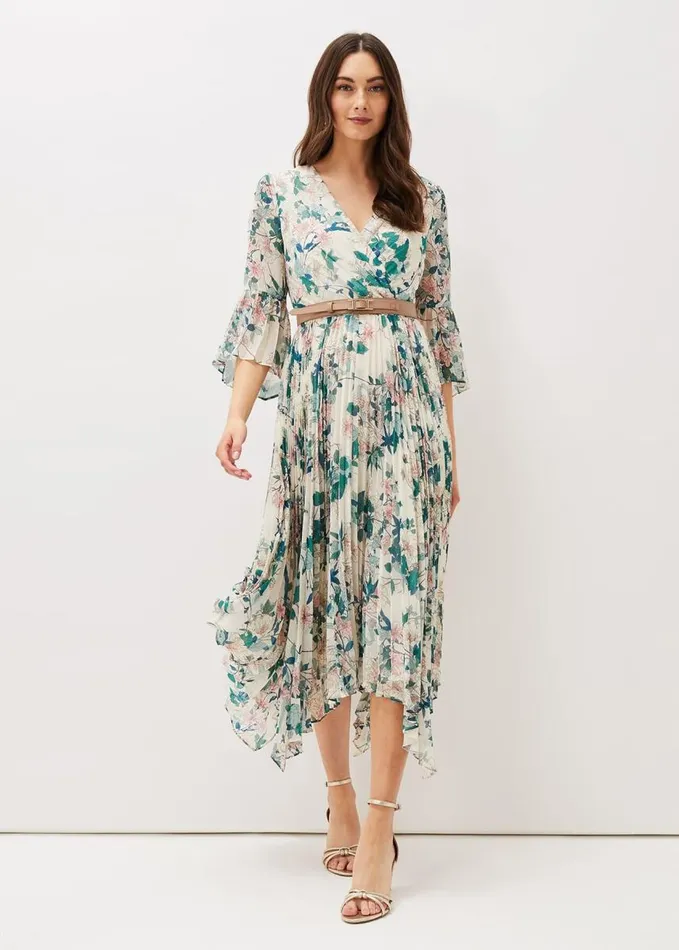 Phase Eight Dani Floral Pleated Midi Dress Buttermilk Women Dresses