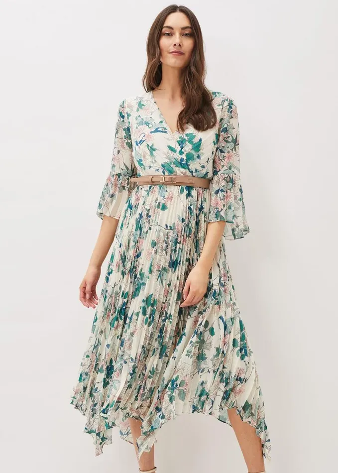 Phase Eight Dani Floral Pleated Midi Dress Buttermilk Women Dresses