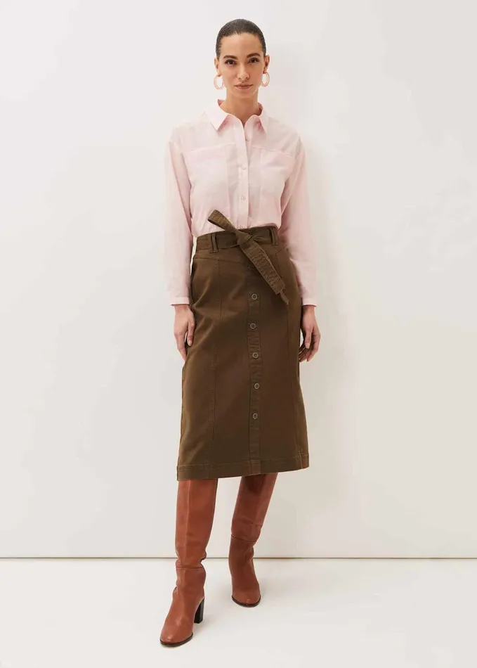 Phase Eight Dina Denim Belted Midi Skirt Khaki Women Skirts