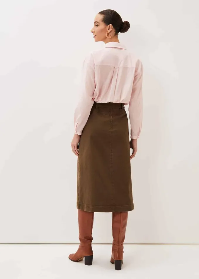Phase Eight Dina Denim Belted Midi Skirt Khaki Women Skirts