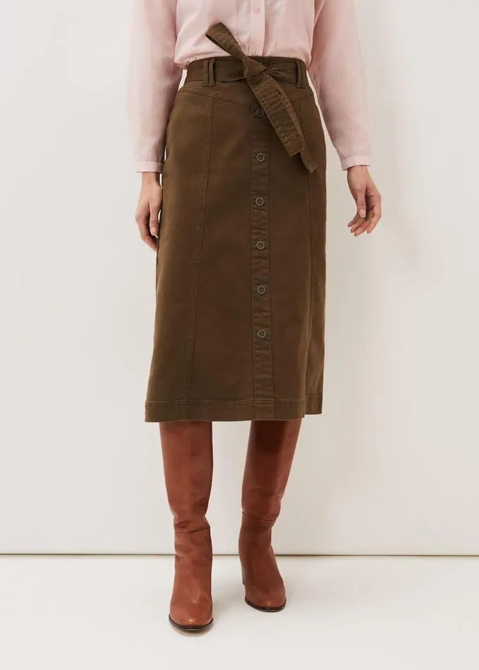 Phase Eight Dina Denim Belted Midi Skirt Khaki Women Skirts
