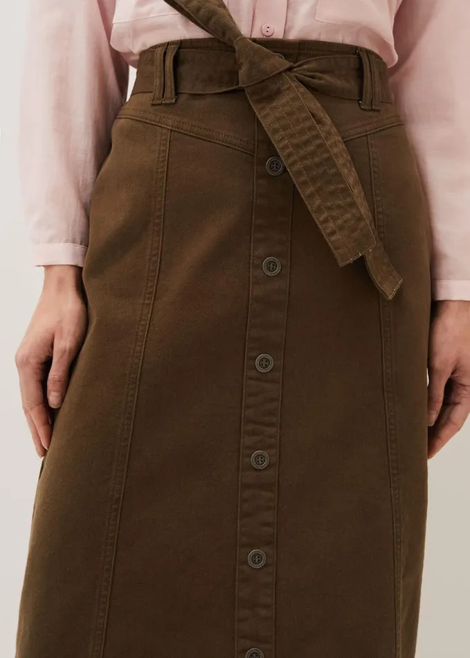 Phase Eight Dina Denim Belted Midi Skirt Khaki Women Skirts