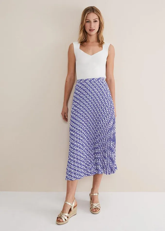 Phase Eight Elmina Geo Pleated Midi Skirt Blueivory Women Skirts
