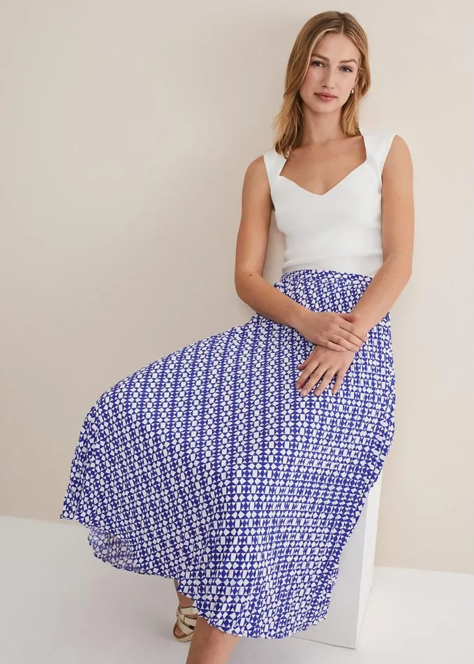Phase Eight Elmina Geo Pleated Midi Skirt Blueivory Women Skirts