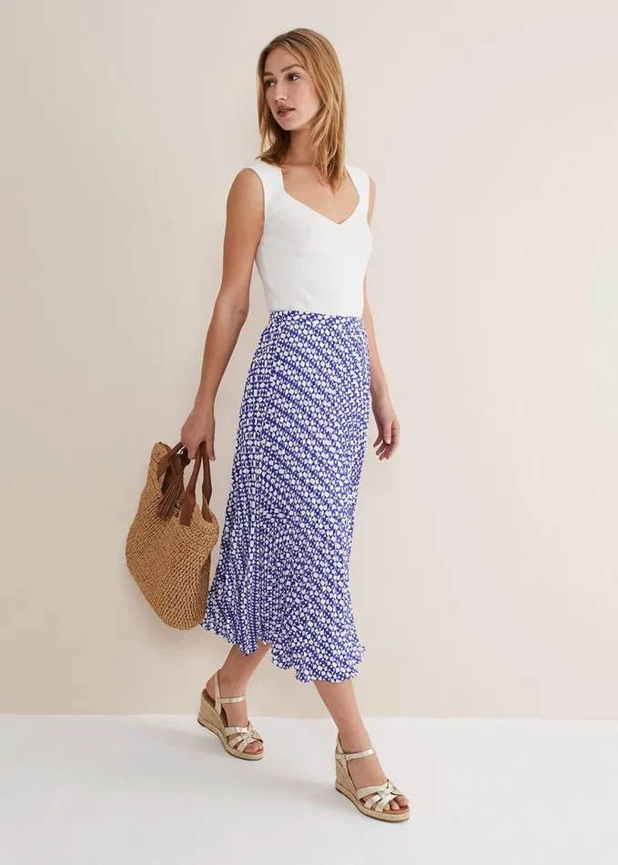 Phase Eight Elmina Geo Pleated Midi Skirt Blueivory Women Skirts