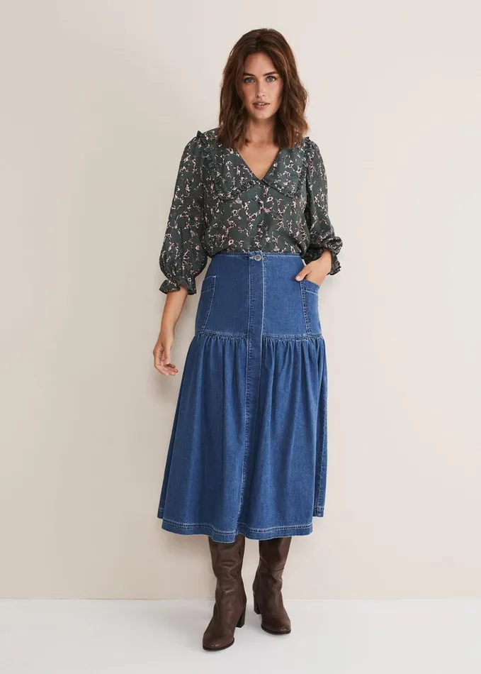 Phase Eight Elodie Tiered Denim Skirt Mid Wash Blue Women Skirts