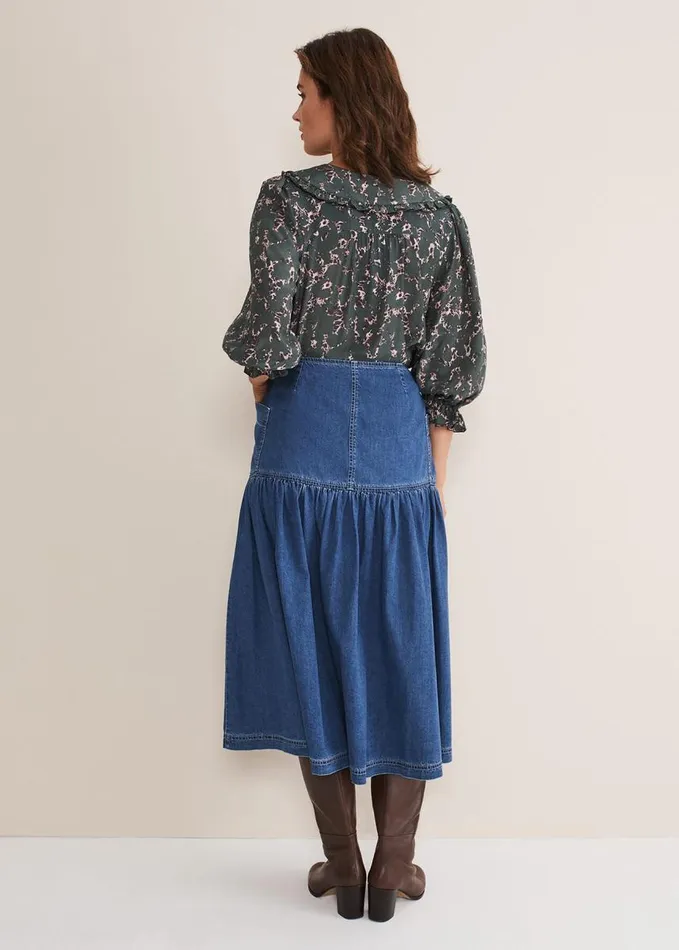 Phase Eight Elodie Tiered Denim Skirt Mid Wash Blue Women Skirts