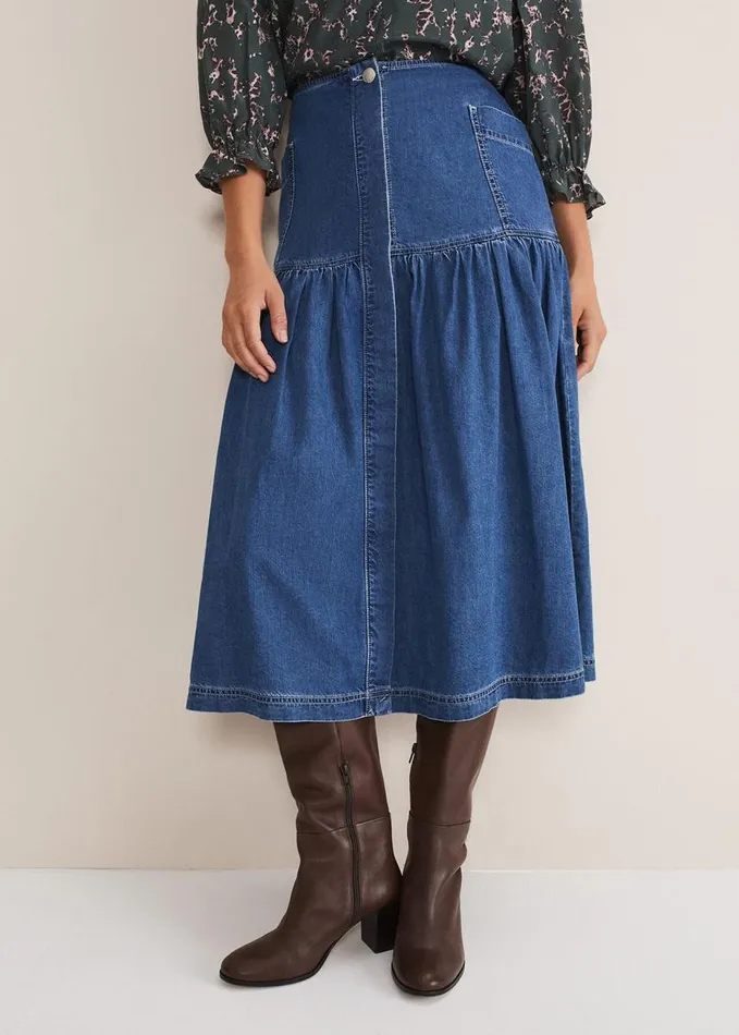 Phase Eight Elodie Tiered Denim Skirt Mid Wash Blue Women Skirts