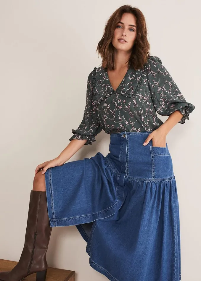 Phase Eight Elodie Tiered Denim Skirt Mid Wash Blue Women Skirts