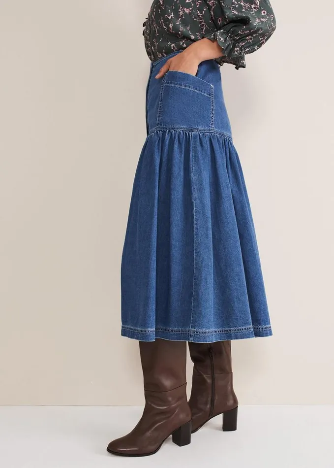 Phase Eight Elodie Tiered Denim Skirt Mid Wash Blue Women Skirts