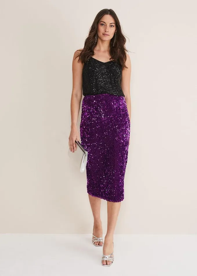 Phase Eight Elvira Sequin Midi Skirt Purple Women Skirts