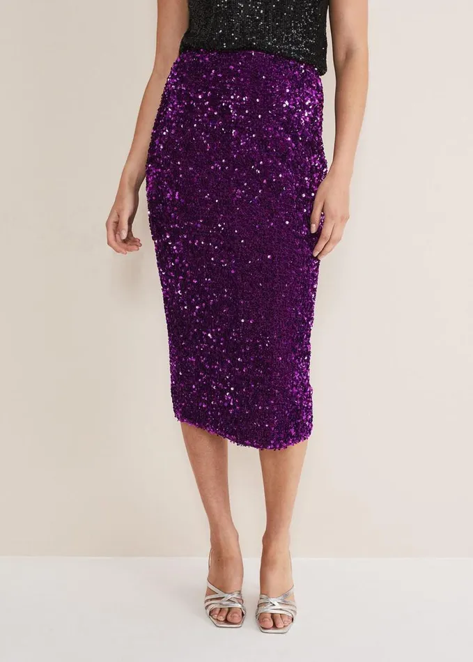 Phase Eight Elvira Sequin Midi Skirt Purple Women Skirts