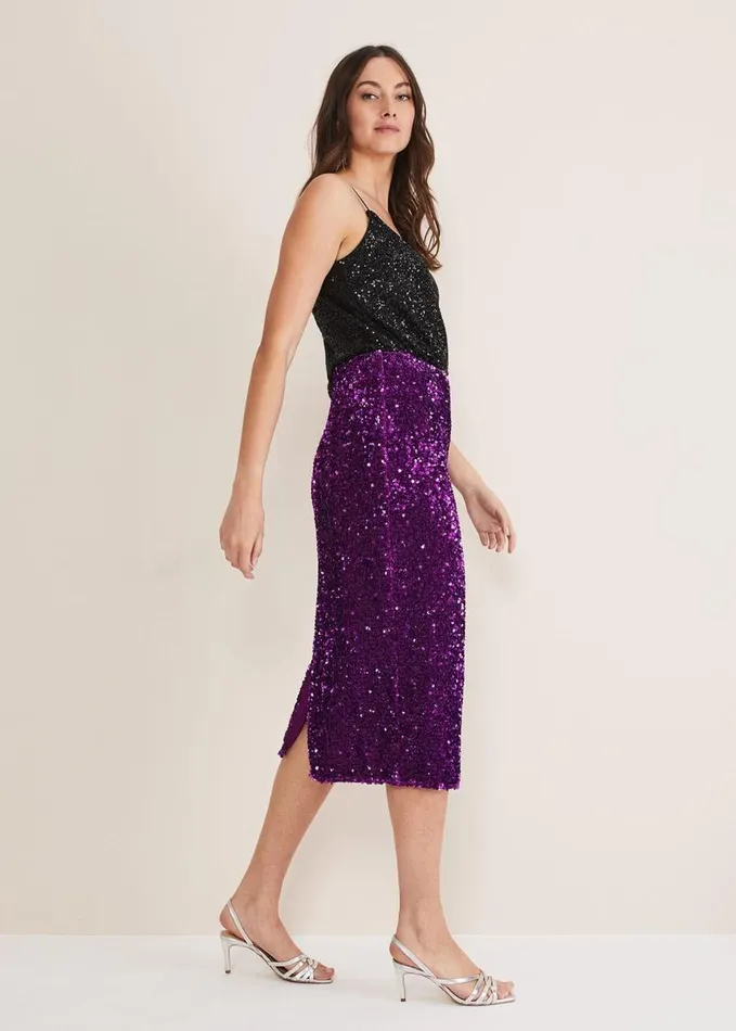 Phase Eight Elvira Sequin Midi Skirt Purple Women Skirts
