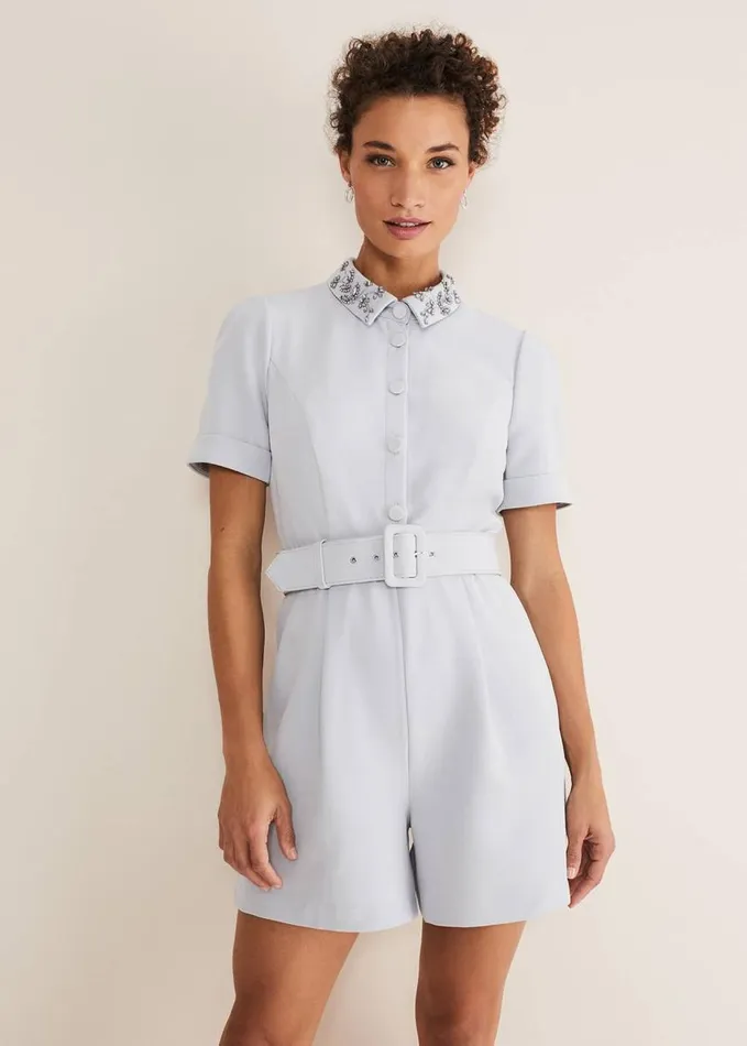 Phase Eight Etta Embelished Collar Playsuit Pale Blue Women Dresses