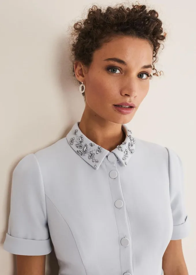 Phase Eight Etta Embelished Collar Playsuit Pale Blue Women Dresses