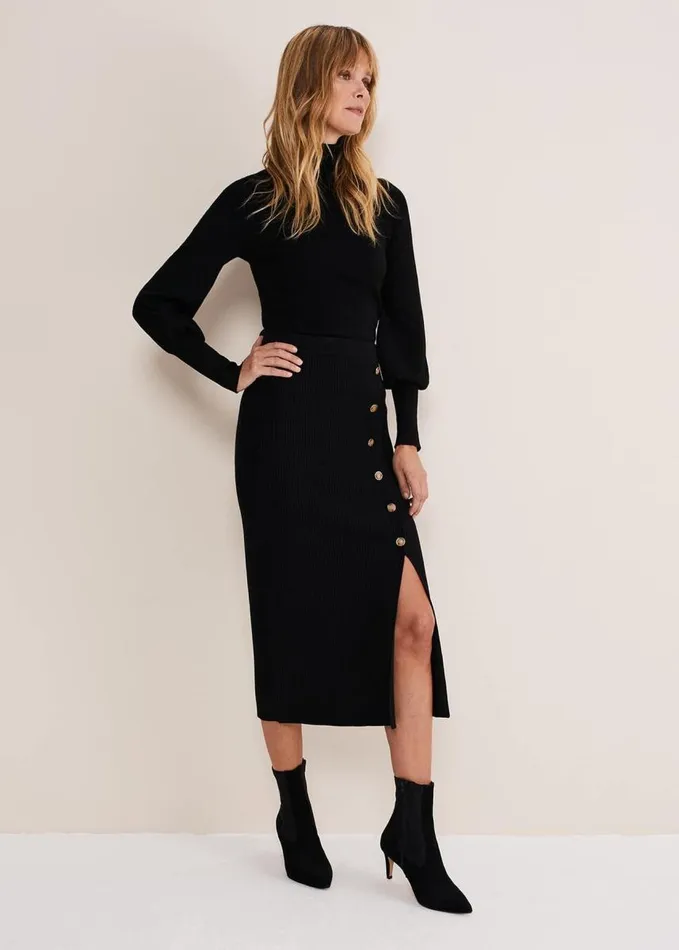 Phase Eight Irina Ribbed Button Detail Knit Skirt Black Women Skirts