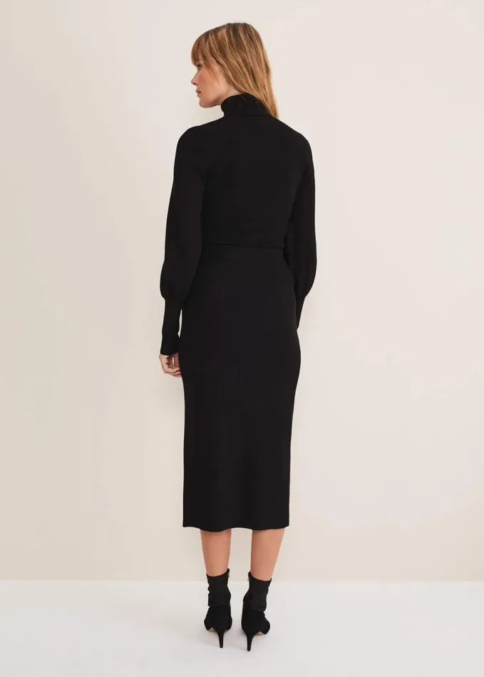 Phase Eight Irina Ribbed Button Detail Knit Skirt Black Women Skirts