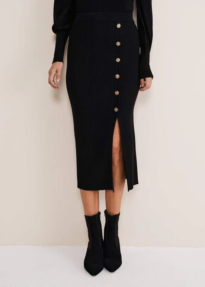 Phase Eight Irina Ribbed Button Detail Knit Skirt Black Women Skirts