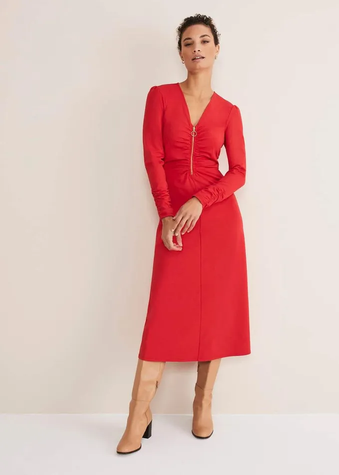 Phase Eight Irisa Zip Ruched Midi Dress Red Women Dresses