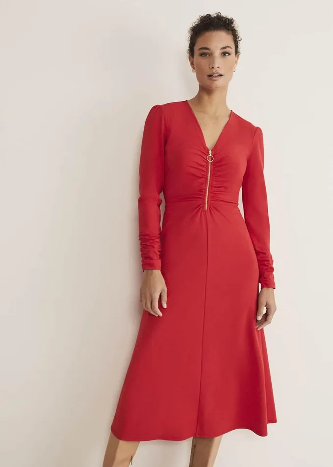 Phase Eight Irisa Zip Ruched Midi Dress Red Women Dresses